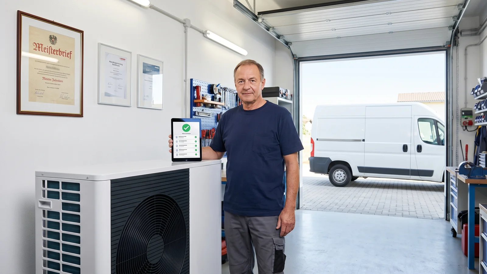 A master plumber stands in his bright workshop beside a heat pump, holding a tablet with verified certificates; a master craftsman's certificate and manufacturer certificates hang on the wall