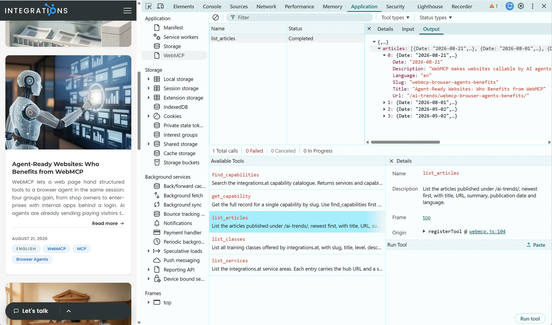Chrome DevTools open beside integrations.at, showing the WebMCP panel with the registered tools listed, list_articles selected, and its output expanded as a tree of article records