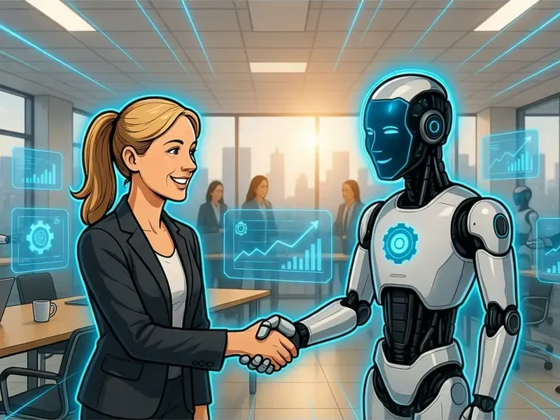 An illustration shows a businesswoman shaking hands with a humanoid robot, surrounded by data charts.