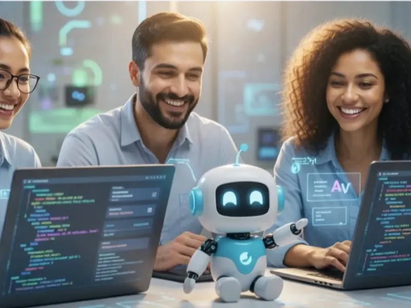 Three colleagues smile at laptop screens full of code, with a small robot figure on the table between them.