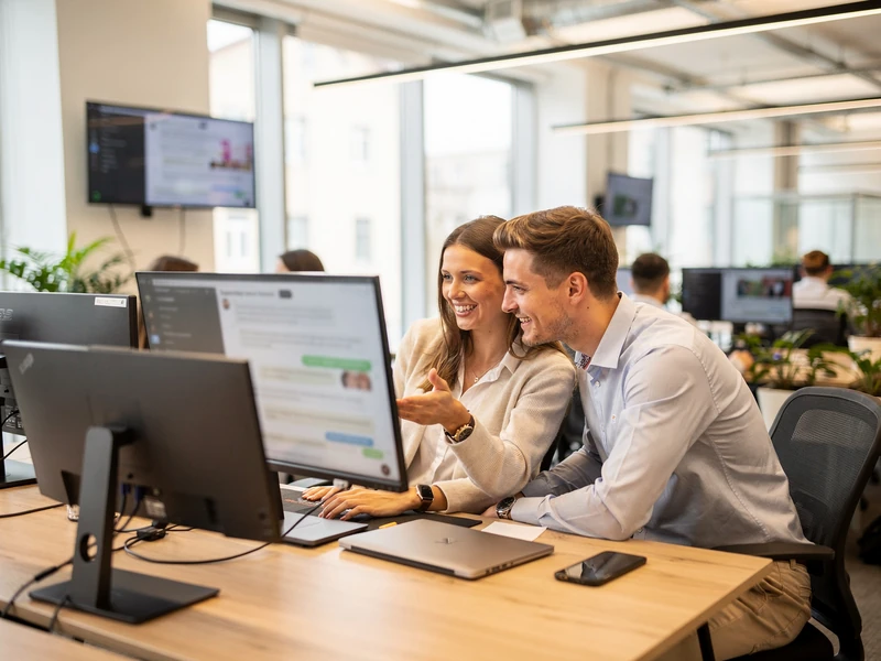 Two colleagues smile at a chat conversation on a shared desktop monitor in an open office.